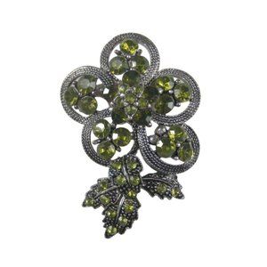 Leaf Flower Spray Brooch Pin Jewelry Silvertone Vintage 1980 Plastic Rhinestone